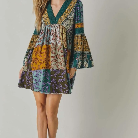 Bohemian Patchwork Dress with crochet detail NWT - Picture 2 of 5
